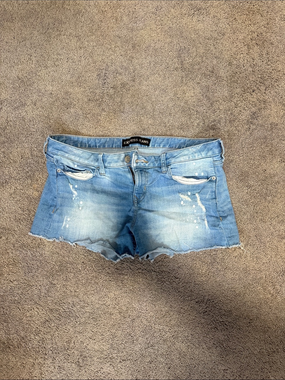 Express Light Wash Denim Cutoff Shorts with Paint-Splatter